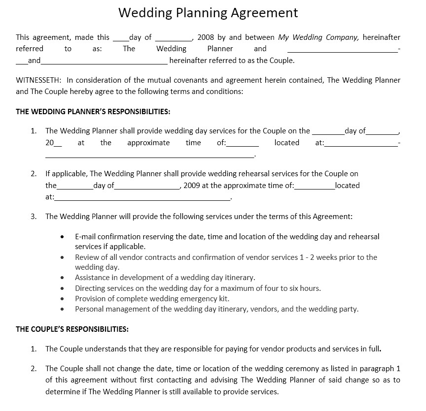Free Professional organizer Contract Template Wedding event organizer Contract Template