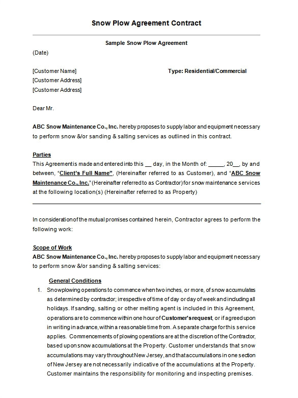 snow plowing contract template