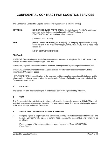 Freight forwarding Contract Template Contract for Logistics Services Template Sample form