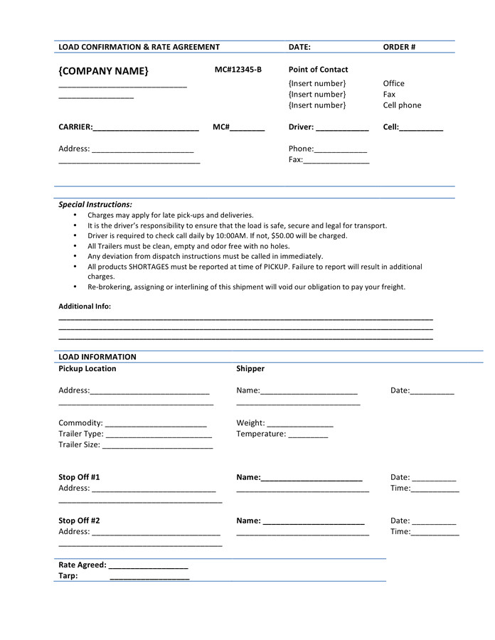 load confirmation rate agreement template