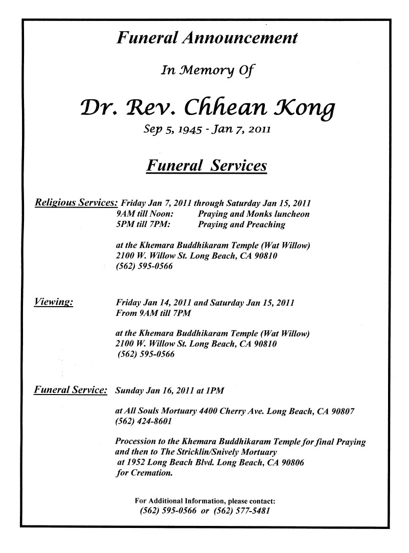 funeral announcement rev chhean kong