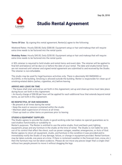 studio rental agreement template