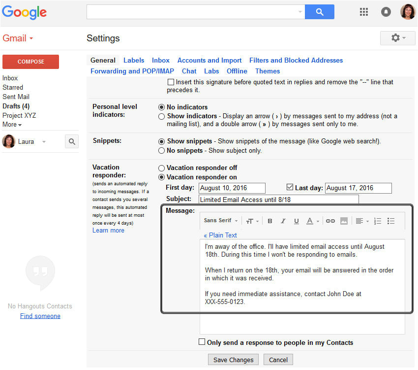 how to set up a gmail out of office vacation responder email cms 27056