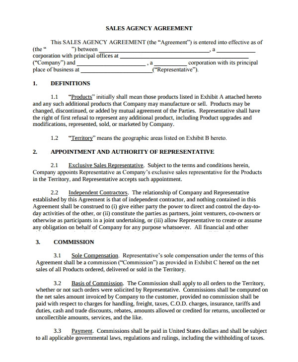 sales agency agreement template