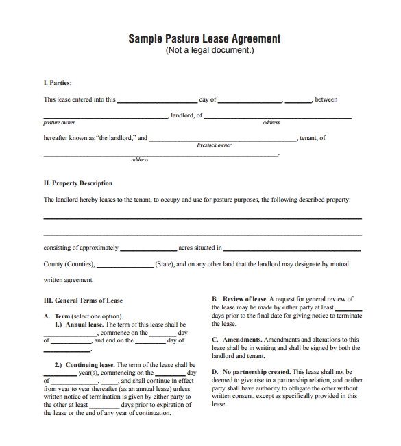 sample pasture lease agreement template