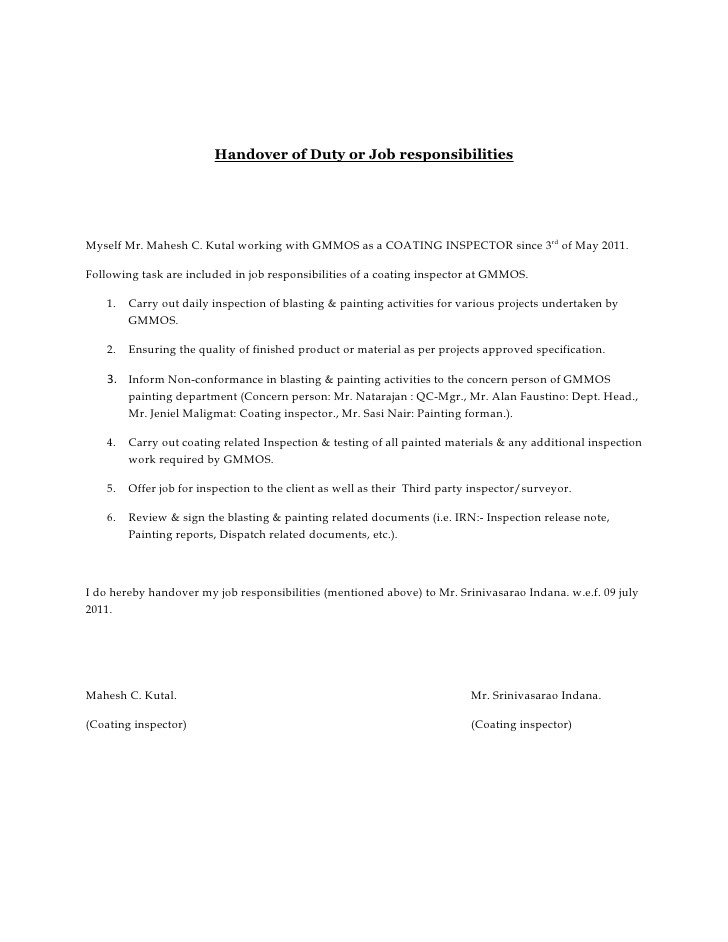 Handover Email Template Handover Of Duty or Job Responsibilities