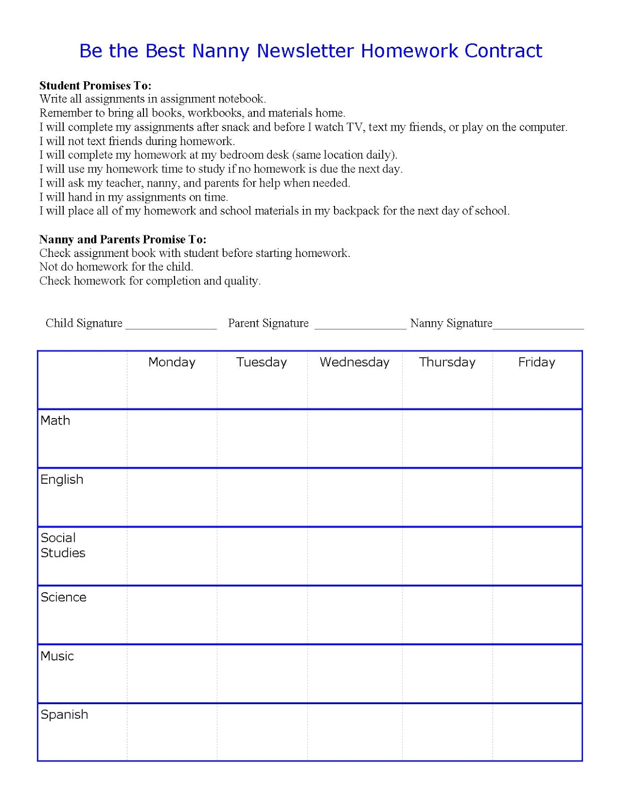 nanny and child homework contract