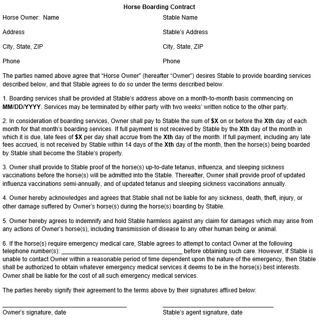 Horse Boarding Contract Template Free Horse Boarding Contract Template