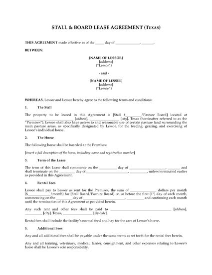 texas horse boarding and stall lease agreement