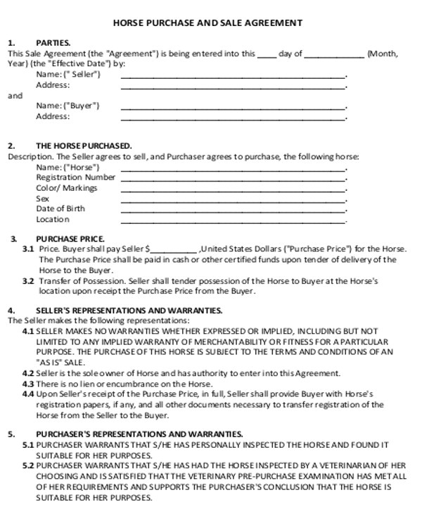 Horse Sale Contract Template Sample Horse Sales Contract 5 Examples In Word Pdf