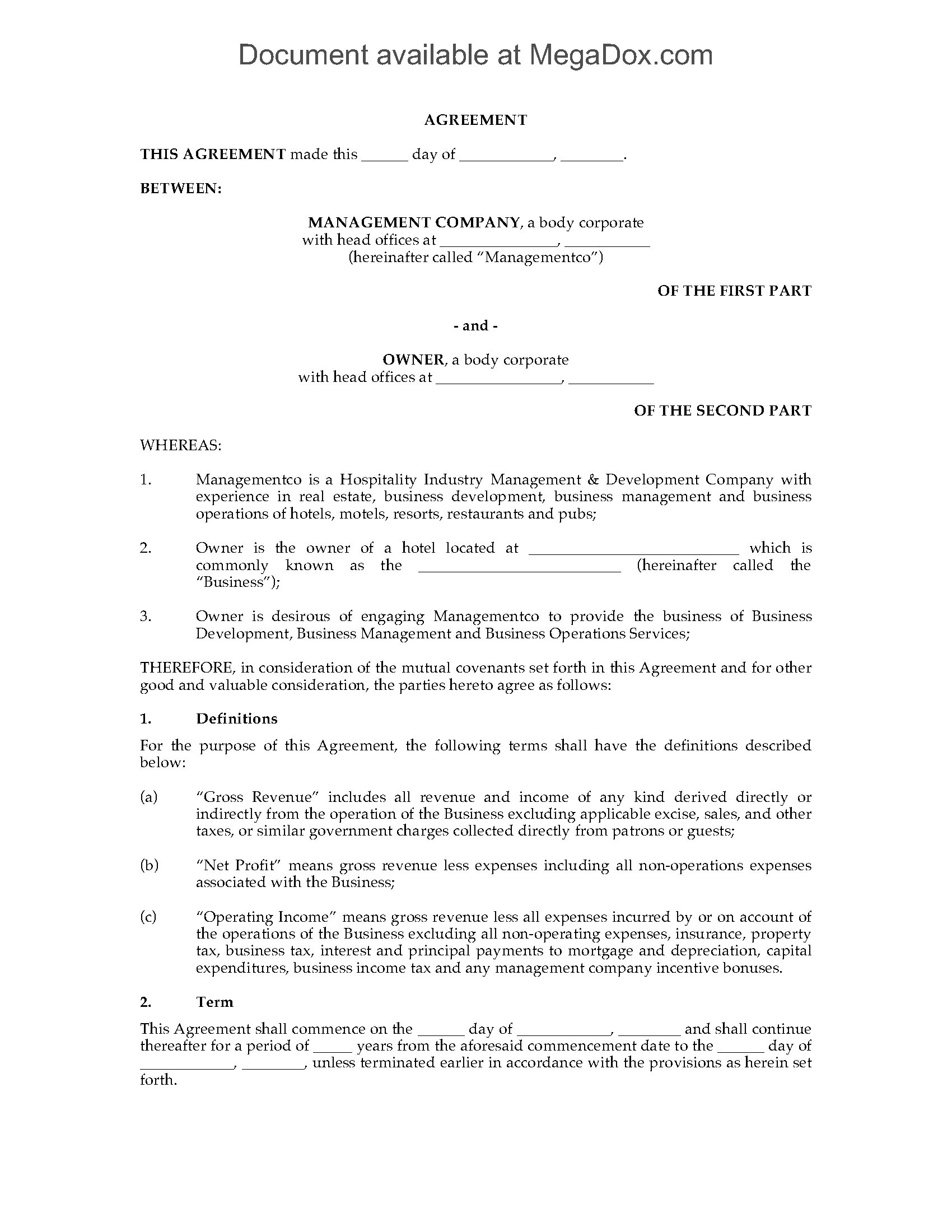 Hotel Management Contract Template Hotel Management Agreement Legal forms and Business