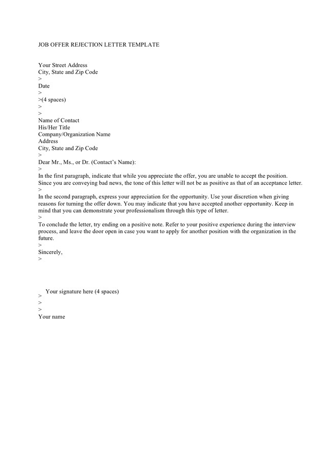 job rejection letter sample and template