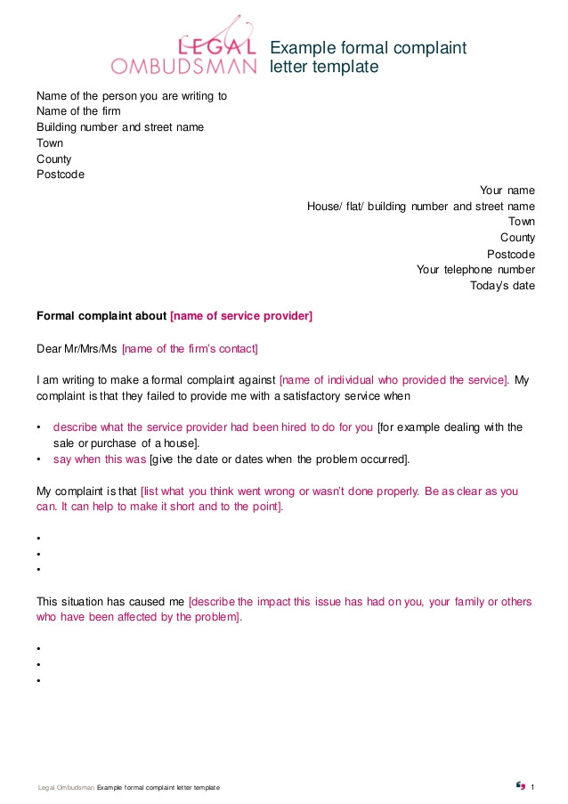 example formal complaint letter template