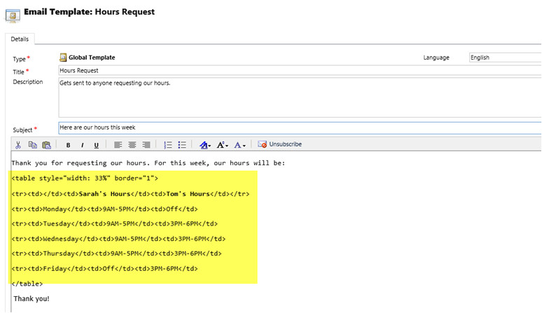 using html format text email templates dynamics crm
