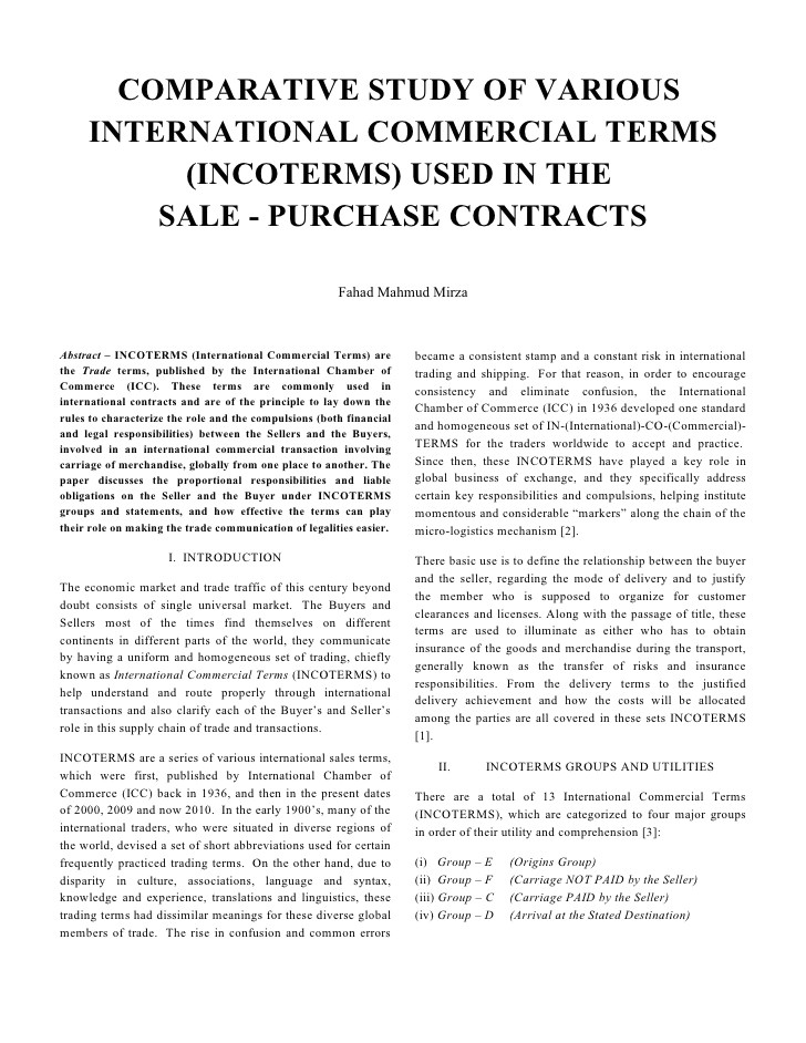 comparative study of various incoterms used in salepurchase contracts