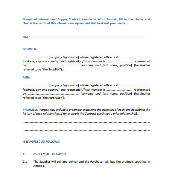 International Supply Contract Template Supply Contract Template 12 Download Free Documents In