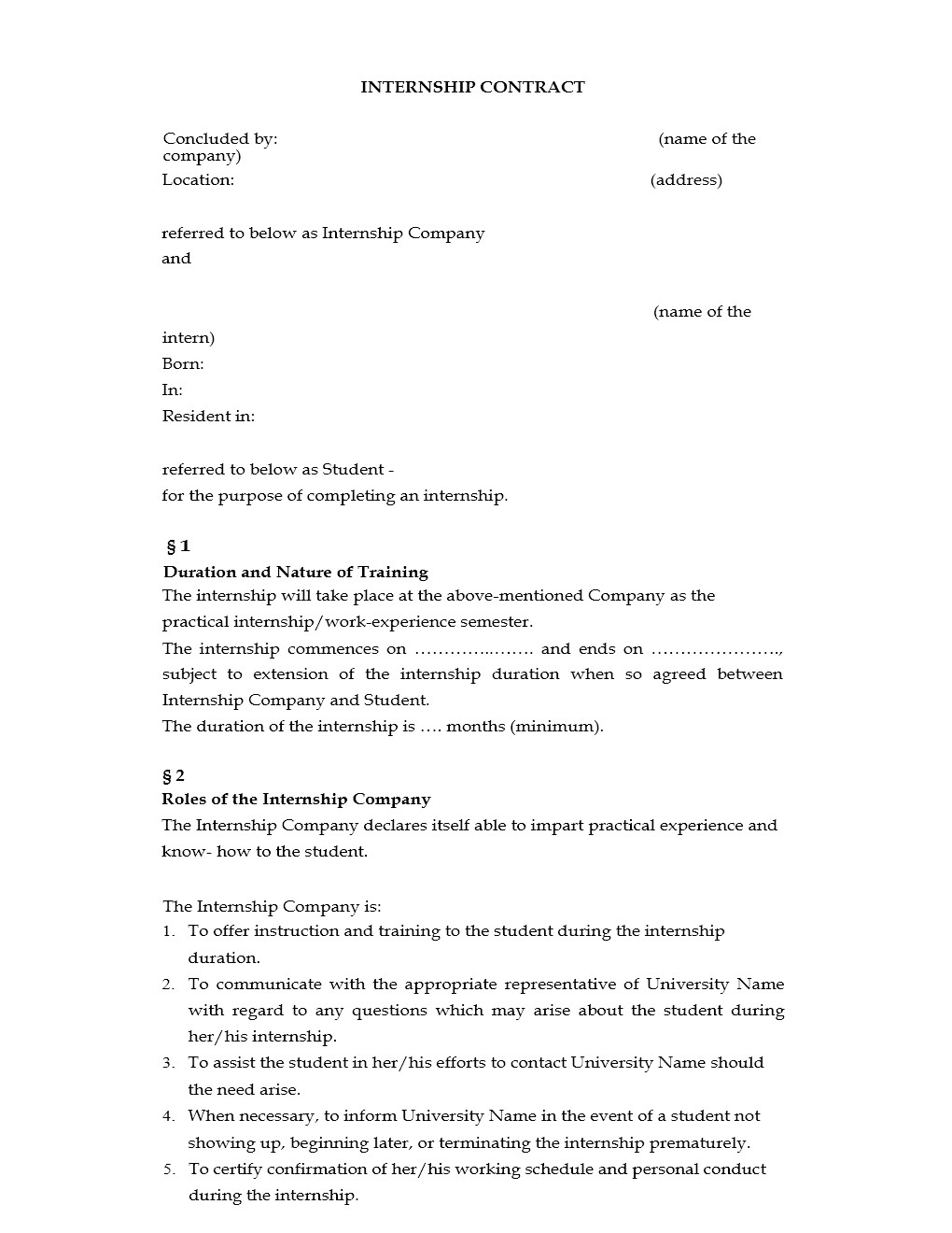 Internship Employment Contract Template Internship Agreement Template