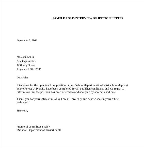 Interview Rejection Email Template 27 Rejection Letters Template Hr Templates Free