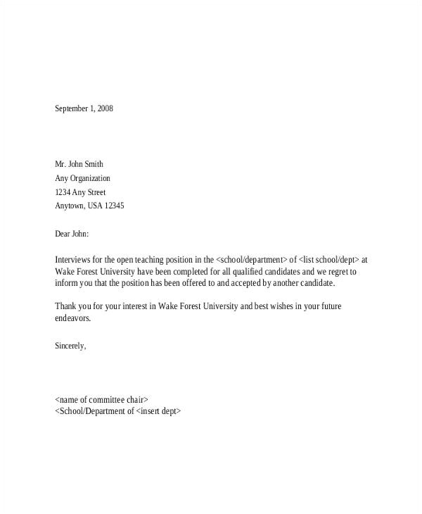 sample email rejection letter