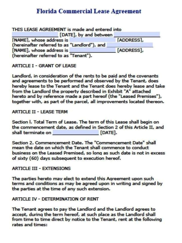 florida lease agreement template