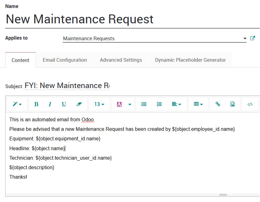 email notifications maintenance equipment request 136006