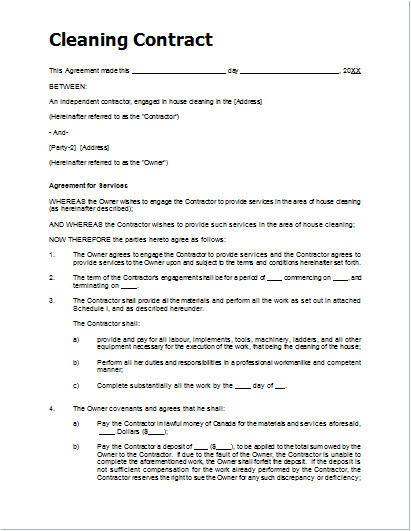 Janitorial Service Contract Template Sample Cleaning Contract Template for Ms Word Document Hub