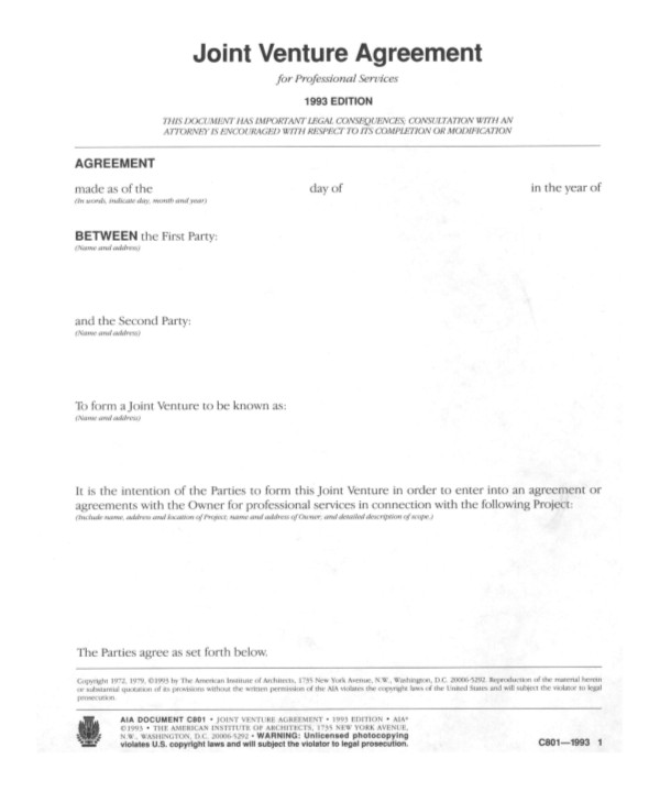 printable joint venture agreement templates