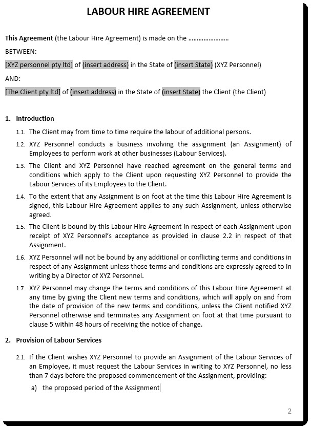 labour hire agreement template