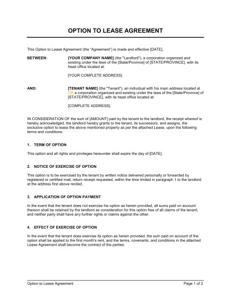 Lease Option Contract Template Option to Lease Agreement Template Word Pdf by