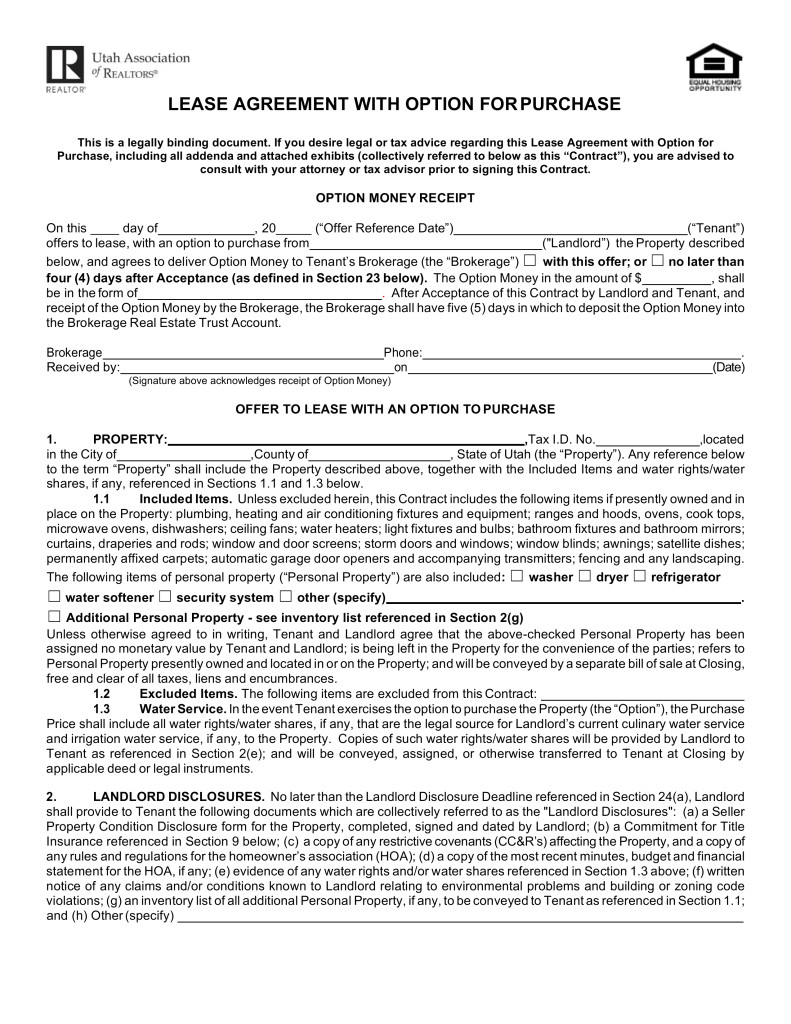 utah lease agreement with option to purchase form
