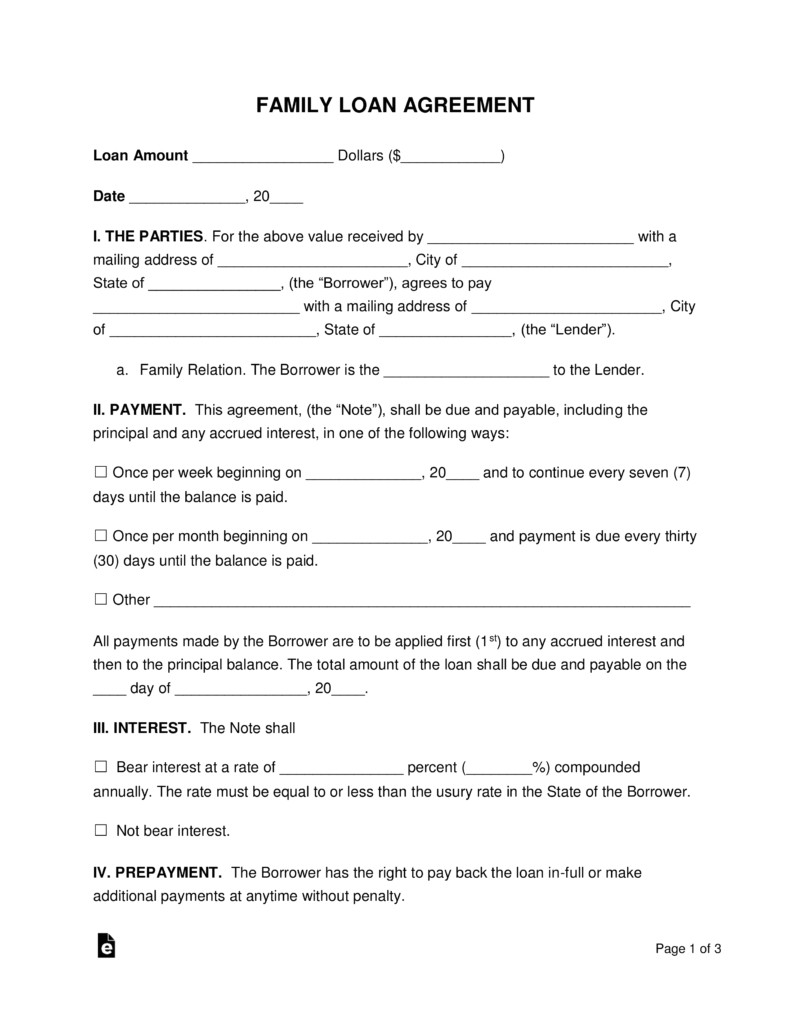Lending Money to Family Contract Template Free Family Loan Agreement Template Pdf Word Eforms