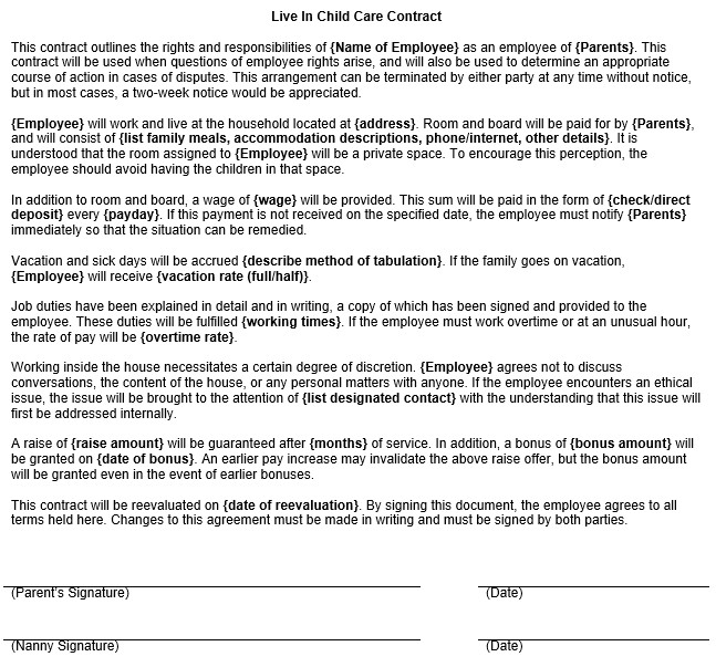 Live In Carer Contract Template Live In Child Care Contract form Template