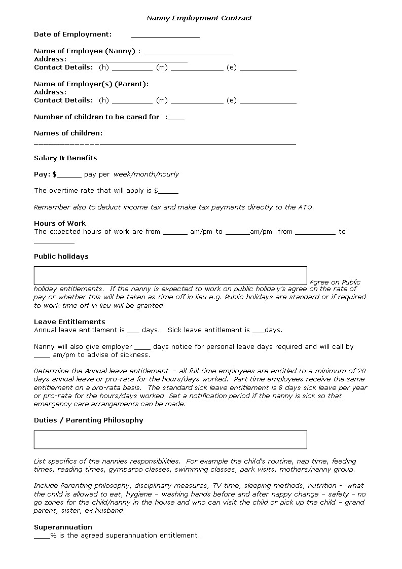 Live In Nanny Contract Template Nanny Contract Template Nanny Agreement Template Nanny
