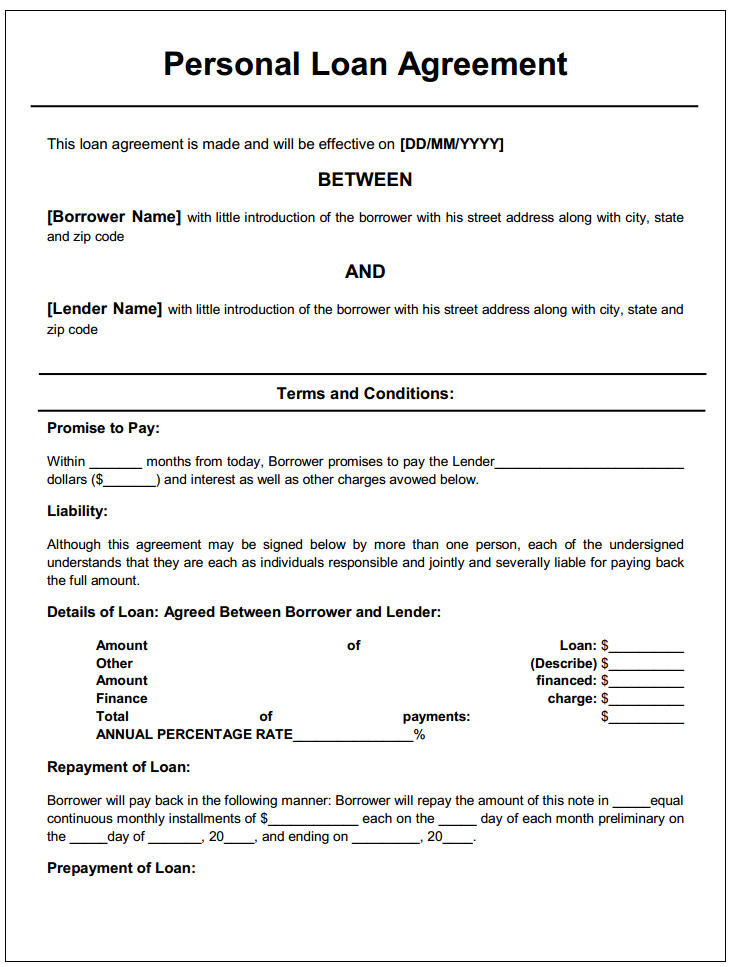 Loan Contract Template Canada Personal Loan Agreement Printable Agreements Private