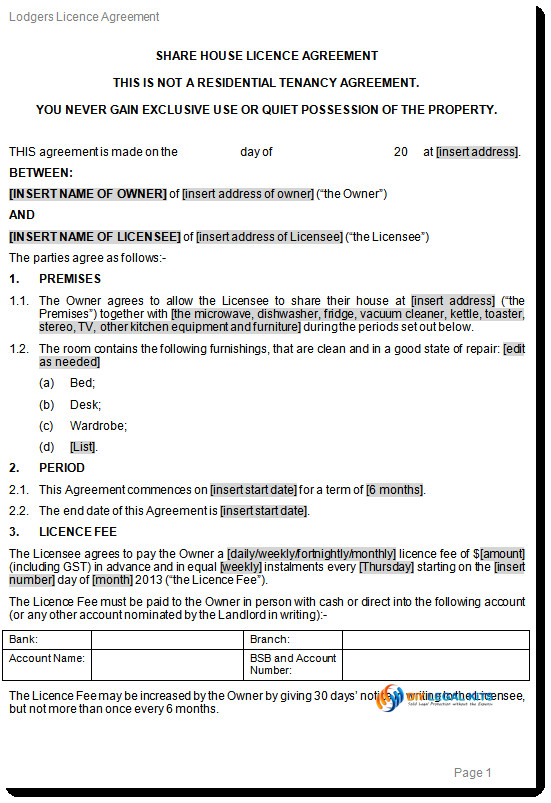 share house license agreement