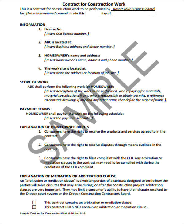 sample construction contract template