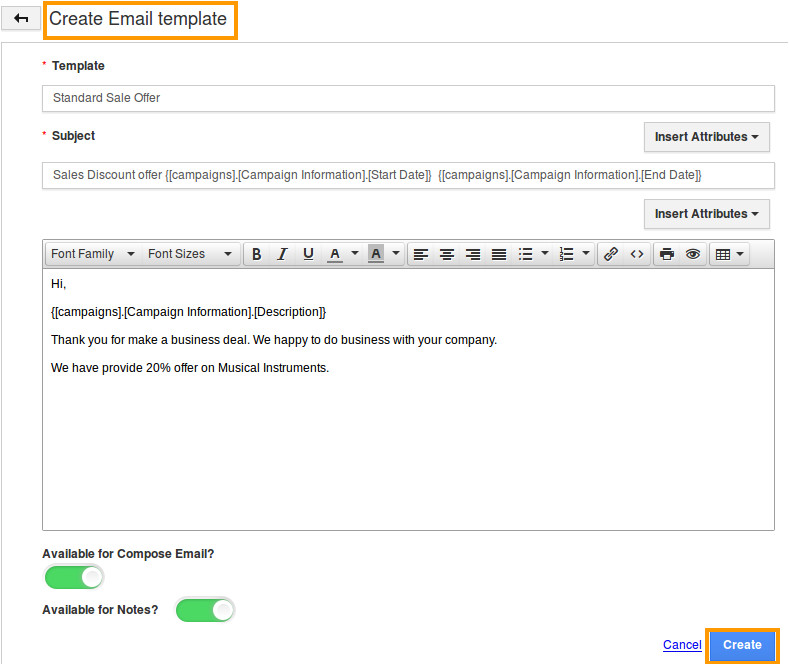 how do i create email template in campaigns app