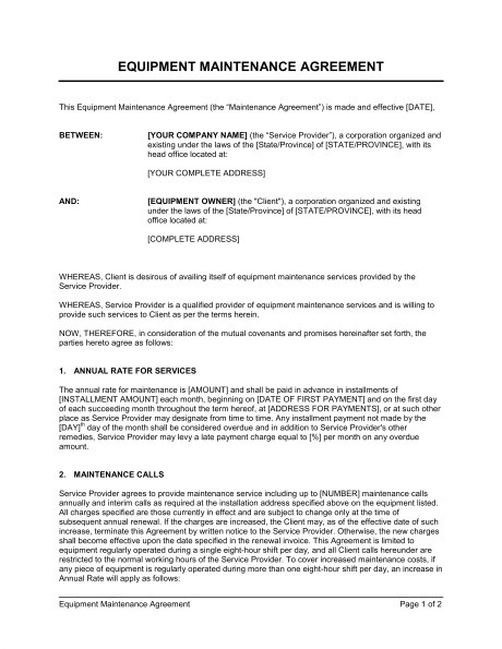 Medical Equipment Service Contract Template Equipment Maintenance Checklist Template Templates