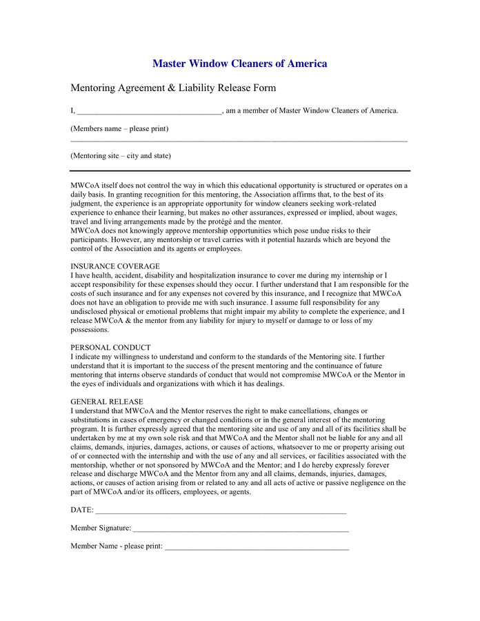 mentoring agreement liability release form