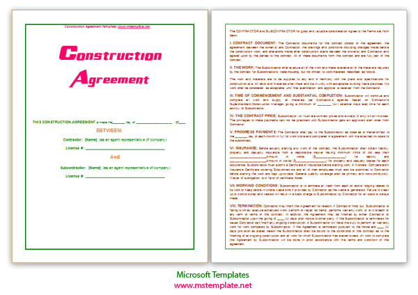 Microsoft Word Construction Contract Template Microsoft Word Templates Construction Agreement Template