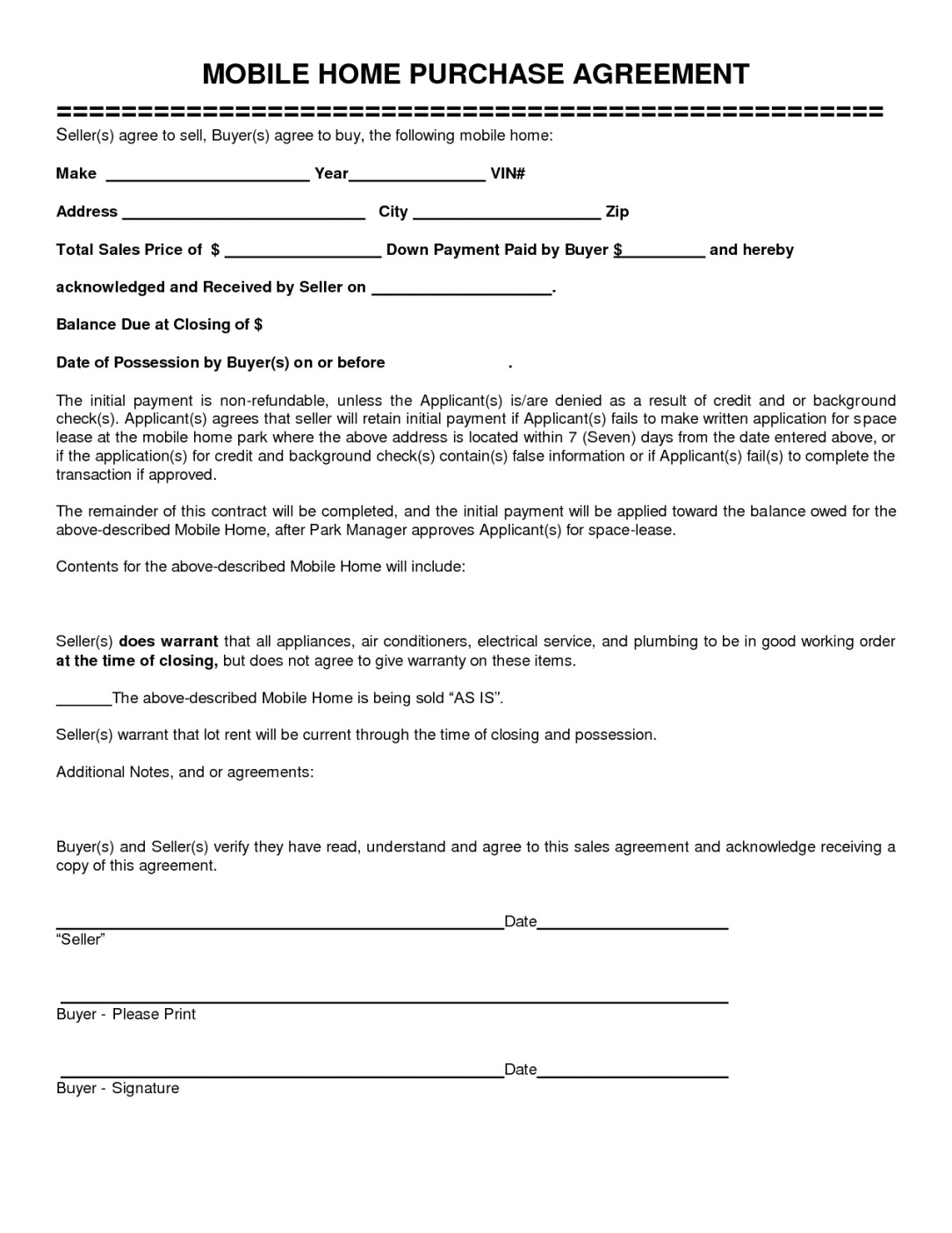 Mobile Home Sales Contract Template Mobile Home Purchase Agreement Gtld World Congress