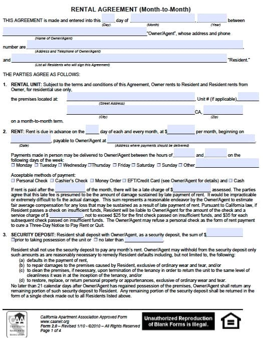 california monthly rental agreement pdf template