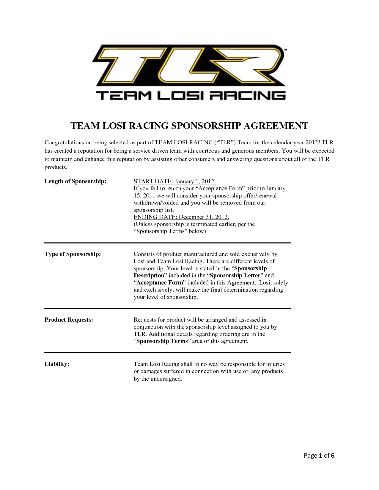 Motorsport Sponsorship Contract Template Team Losi Racing Sponsorship Agreement Chainimage
