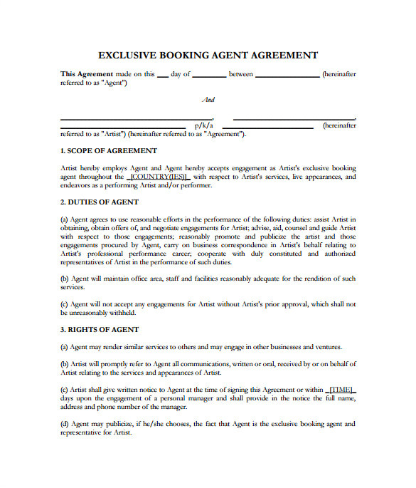 Music Booking Agent Contract Template Booking Agent Contract Template 9 Download Free