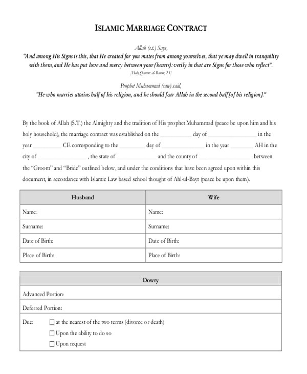 Muslim Marriage Contract Template Sample Marriage Contract form 8 Free Documents In Doc Pdf