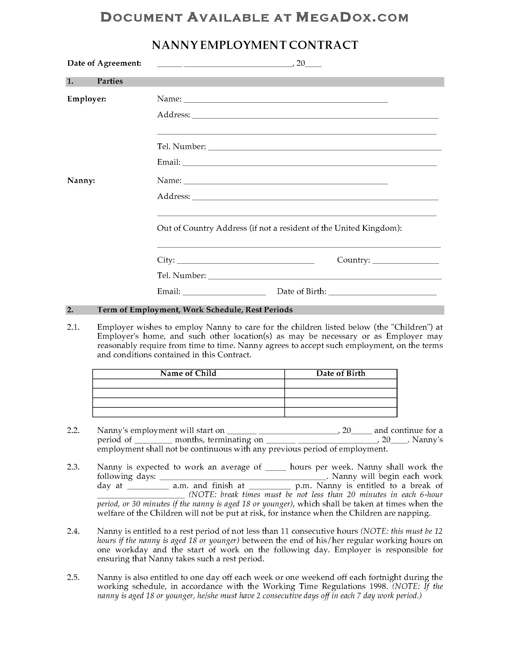 Nanny Contract Template Uk Uk Nanny Employment Contract Legal forms and Business