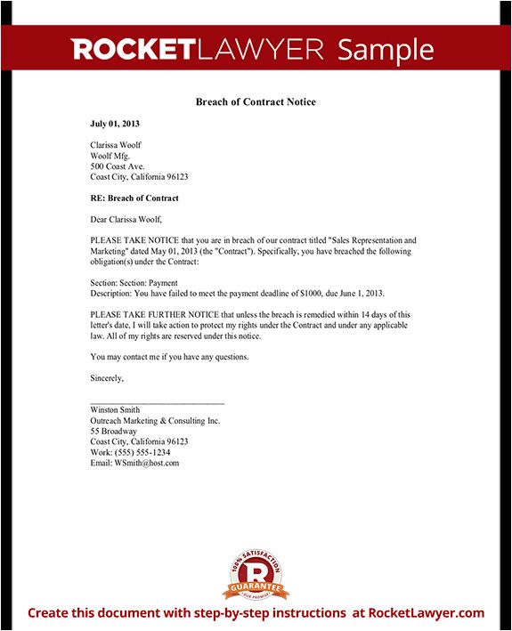 Notice Of Breach Of Contract Template Breach Of Contract Notice Sample Letter Rocket Lawyer