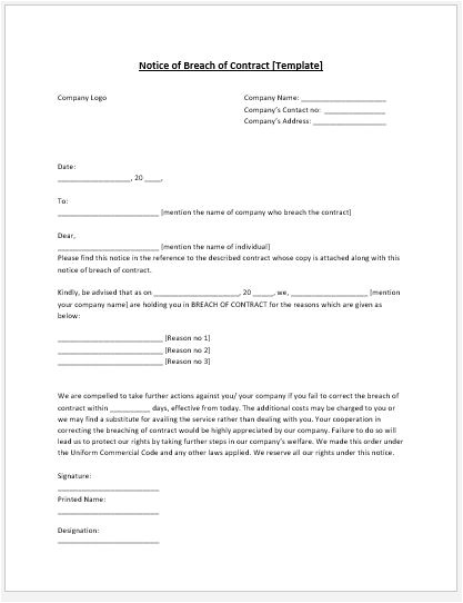 breach of contract notice template