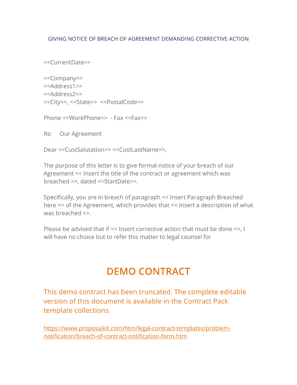 breach of contract notification form