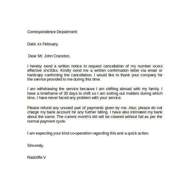 notice of cancellation letter
